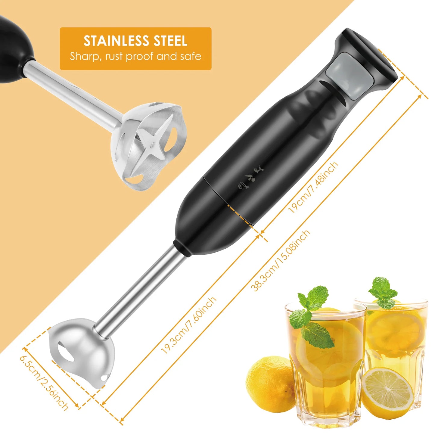 Batidora de Mano 300W – Licuadora Eléctrica de Inmersión con Cuchilla de Acero Inoxidable | Mezcladora de Alimentos Multifuncional para Cocina | Batidora Manual