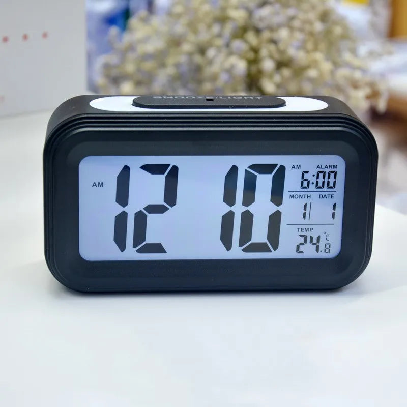 Alarm Clock Desktop Digital Clock LCD Large Screen Temperature Calendar Nightlight Wake-up Student Snooze Clock 12/24H Bedrooms