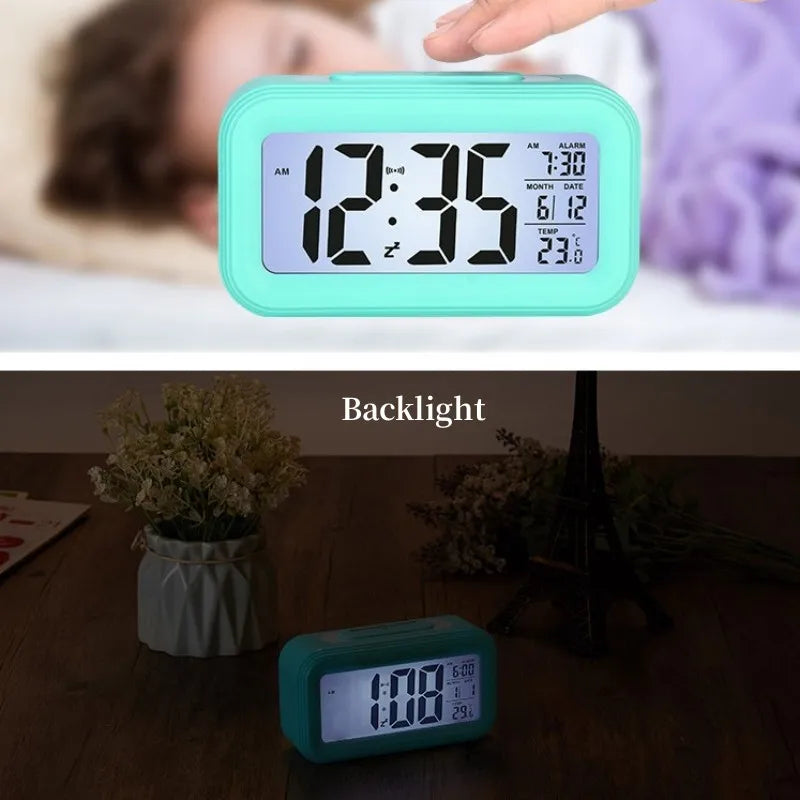 Alarm Clock Desktop Digital Clock LCD Large Screen Temperature Calendar Nightlight Wake-up Student Snooze Clock 12/24H Bedrooms