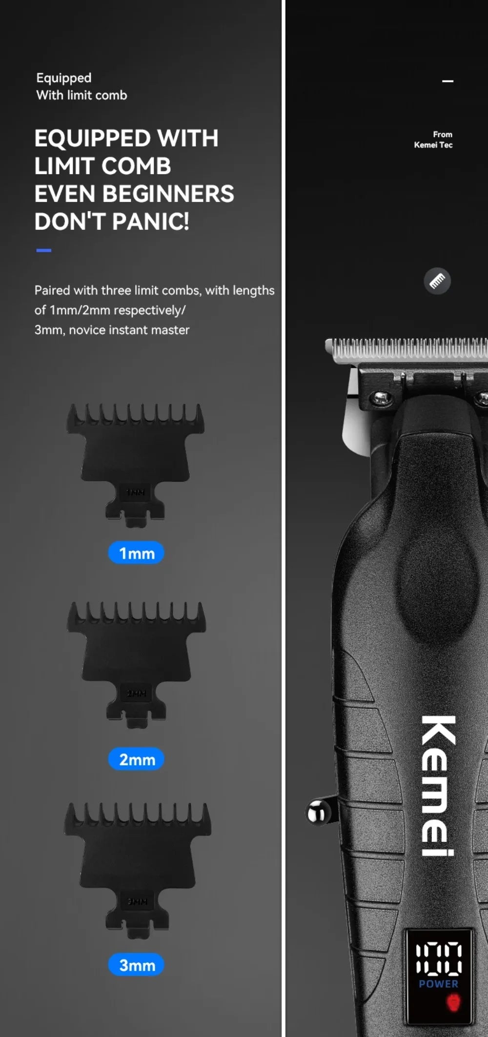 Kemei KM-2293 Professional Barber Cordless Hair Clipper Salon-Grade Design,Hair Styling Trimmer Carving Clipper,USB Rechargeable