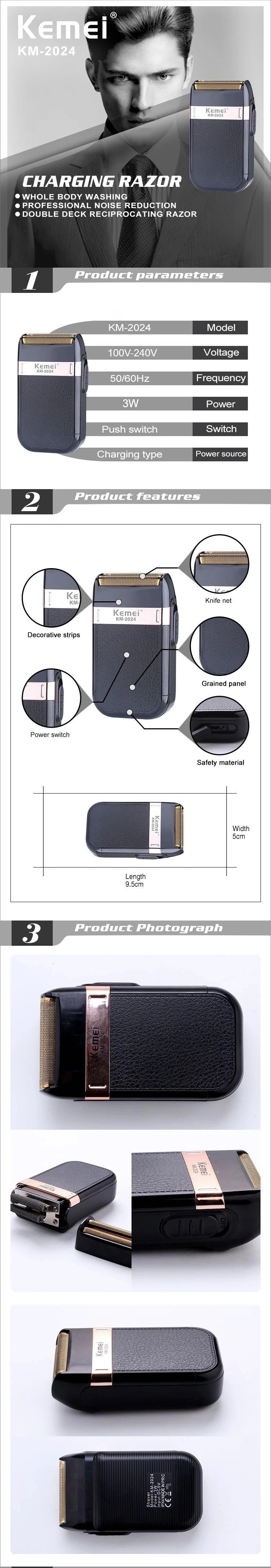 Kemei-2024 USB Charging Electric Shaver For Men Reciprocating Twin Blade Razor Shaver Waterproof Beard Trimmer Shaving Machine
