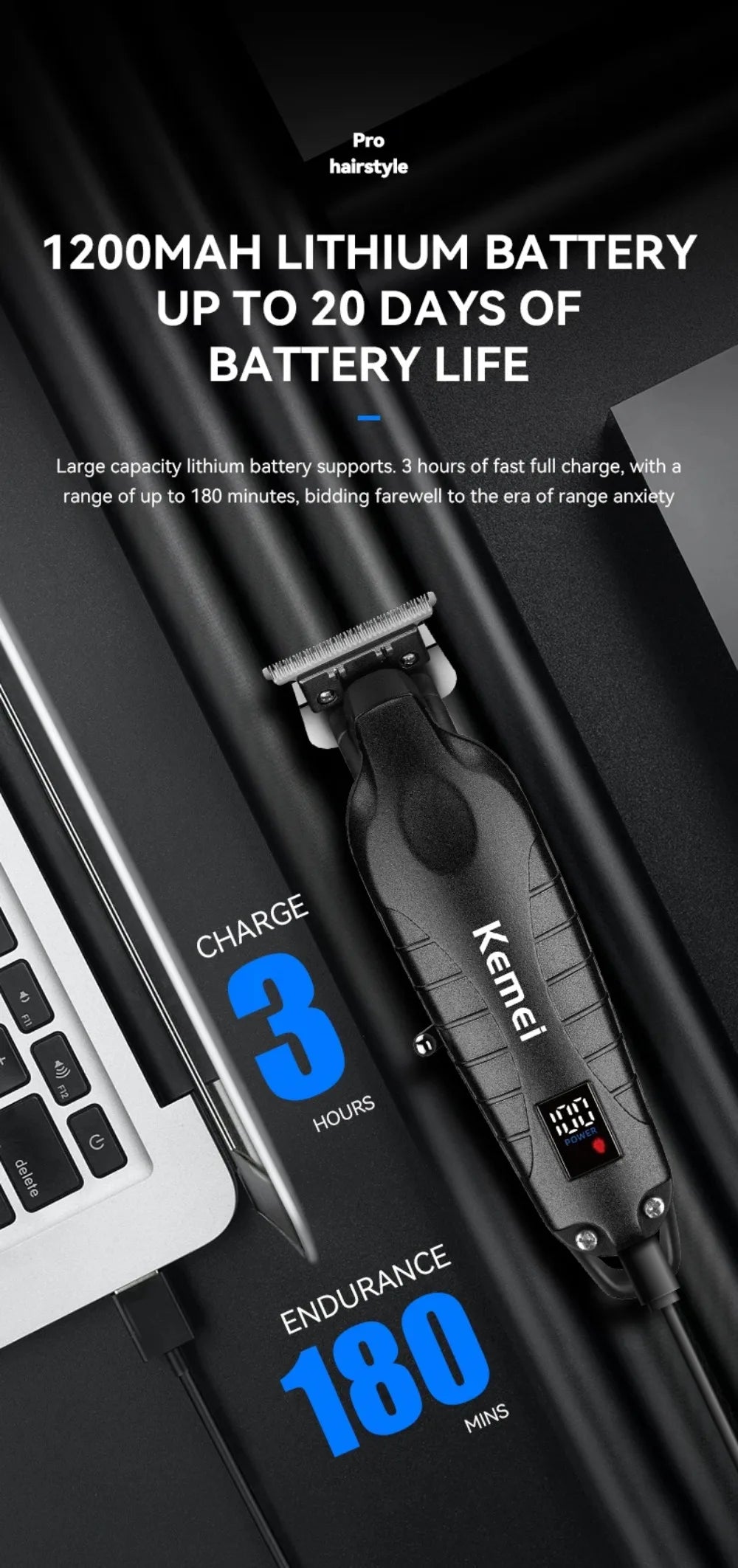 Kemei KM-2293 Professional Barber Cordless Hair Clipper Salon-Grade Design,Hair Styling Trimmer Carving Clipper,USB Rechargeable