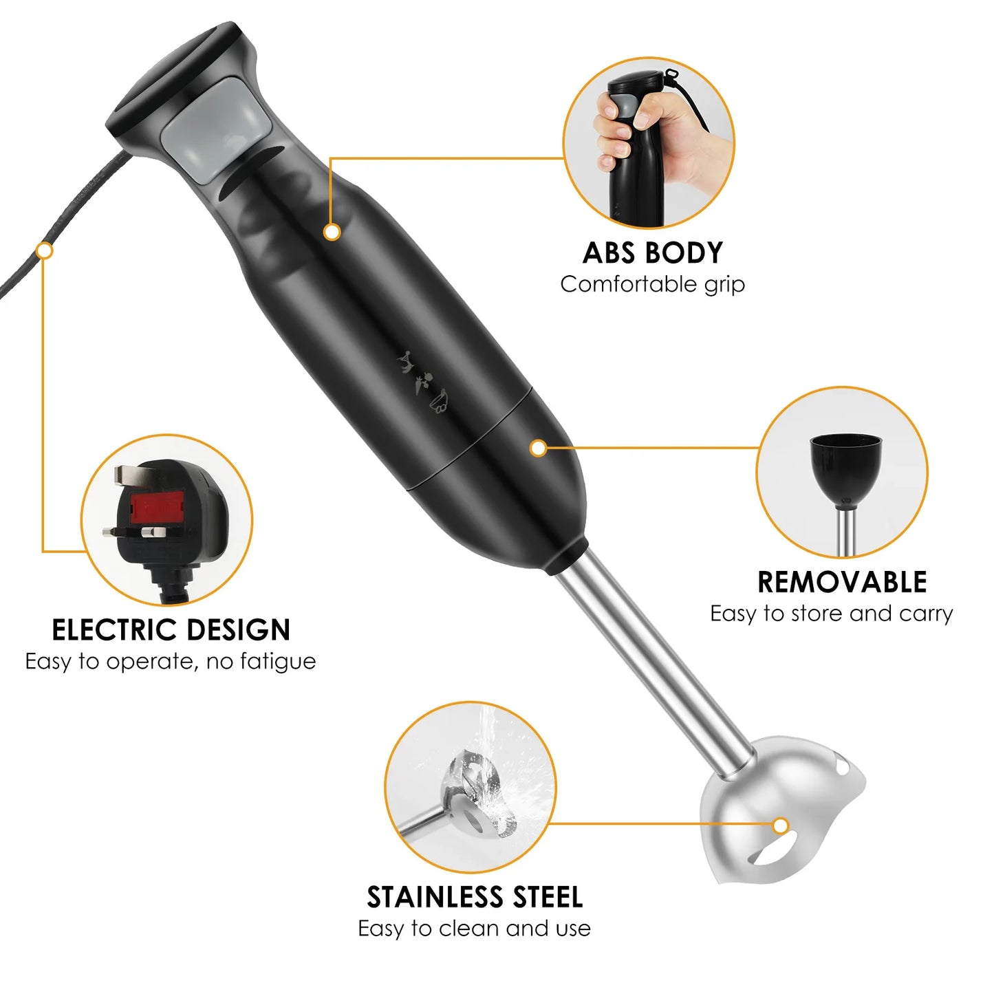 Batidora de Mano 300W – Licuadora Eléctrica de Inmersión con Cuchilla de Acero Inoxidable | Mezcladora de Alimentos Multifuncional para Cocina | Batidora Manual