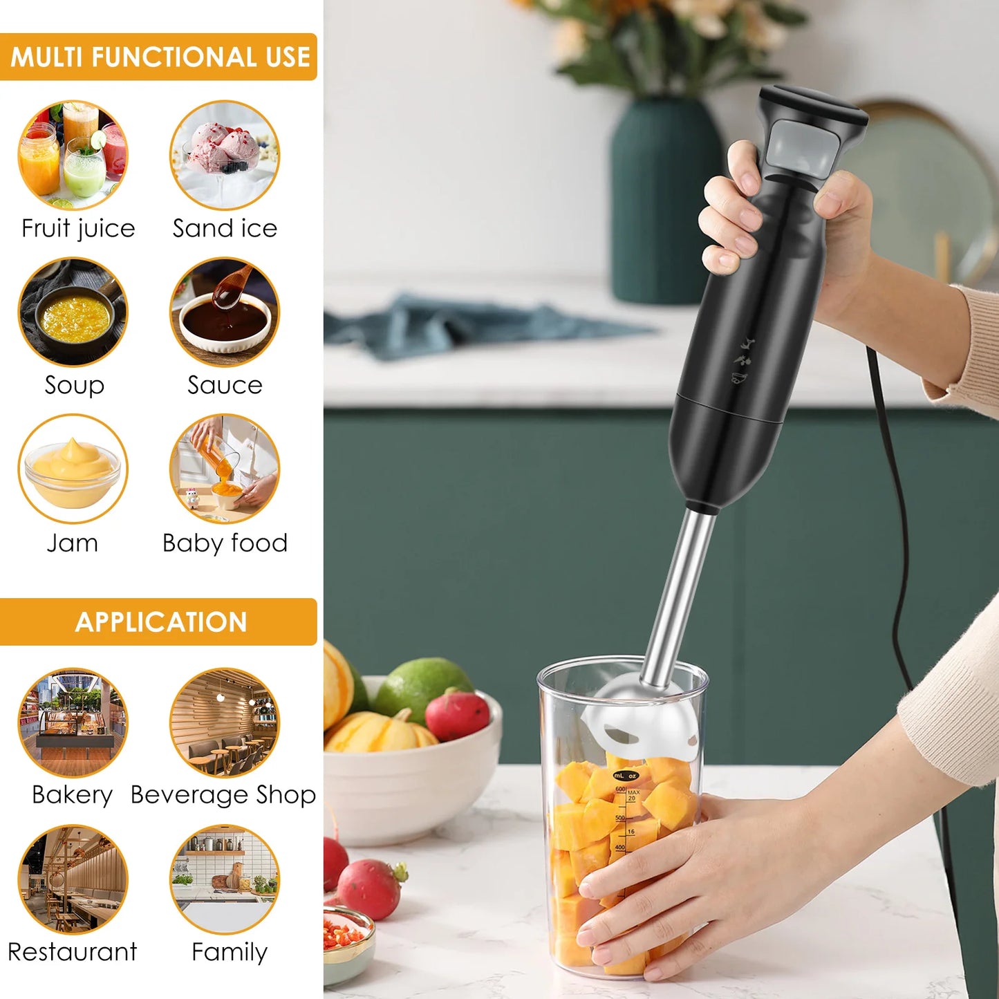 Batidora de Mano 300W – Licuadora Eléctrica de Inmersión con Cuchilla de Acero Inoxidable | Mezcladora de Alimentos Multifuncional para Cocina | Batidora Manual