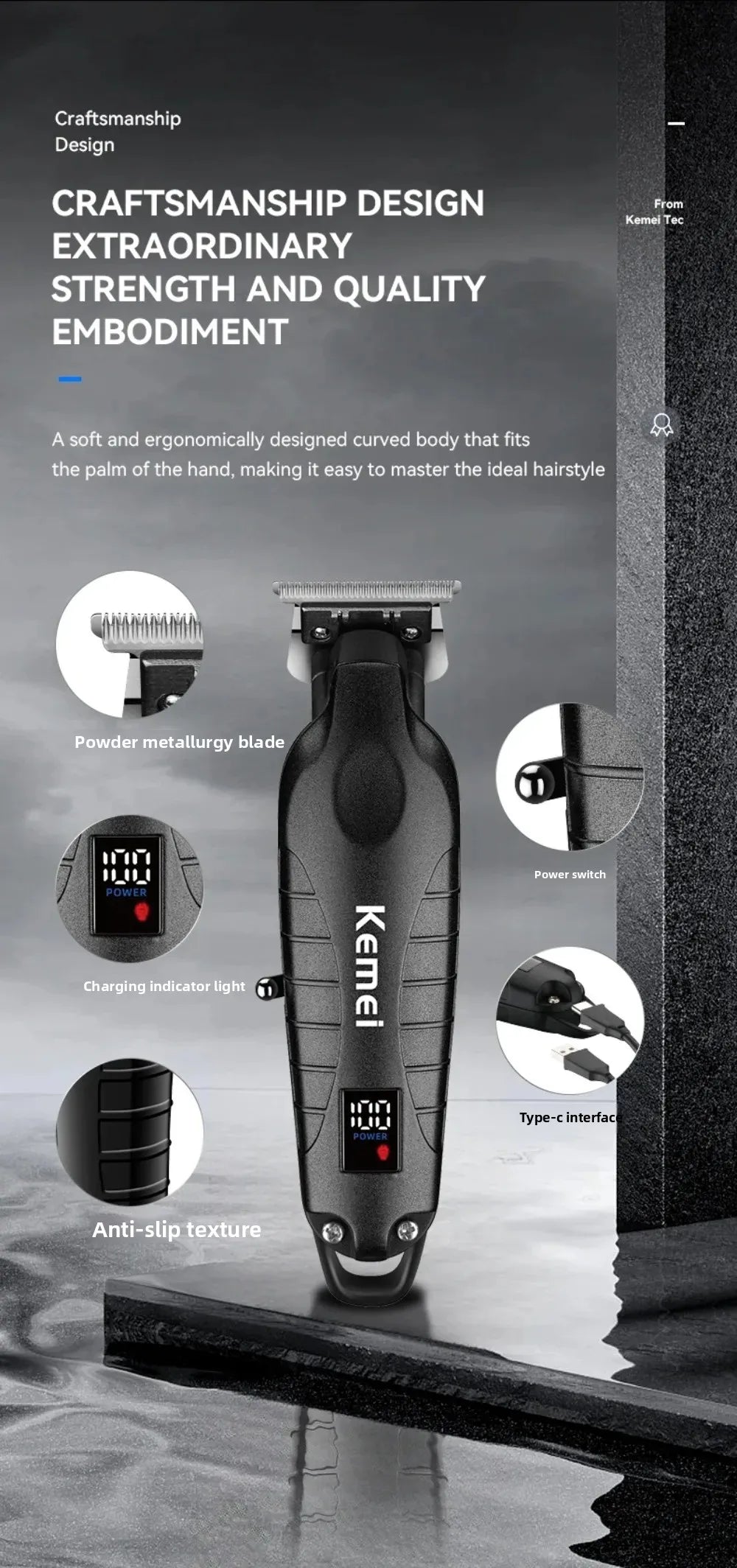 Kemei KM-2293 Professional Barber Cordless Hair Clipper Salon-Grade Design,Hair Styling Trimmer Carving Clipper,USB Rechargeable
