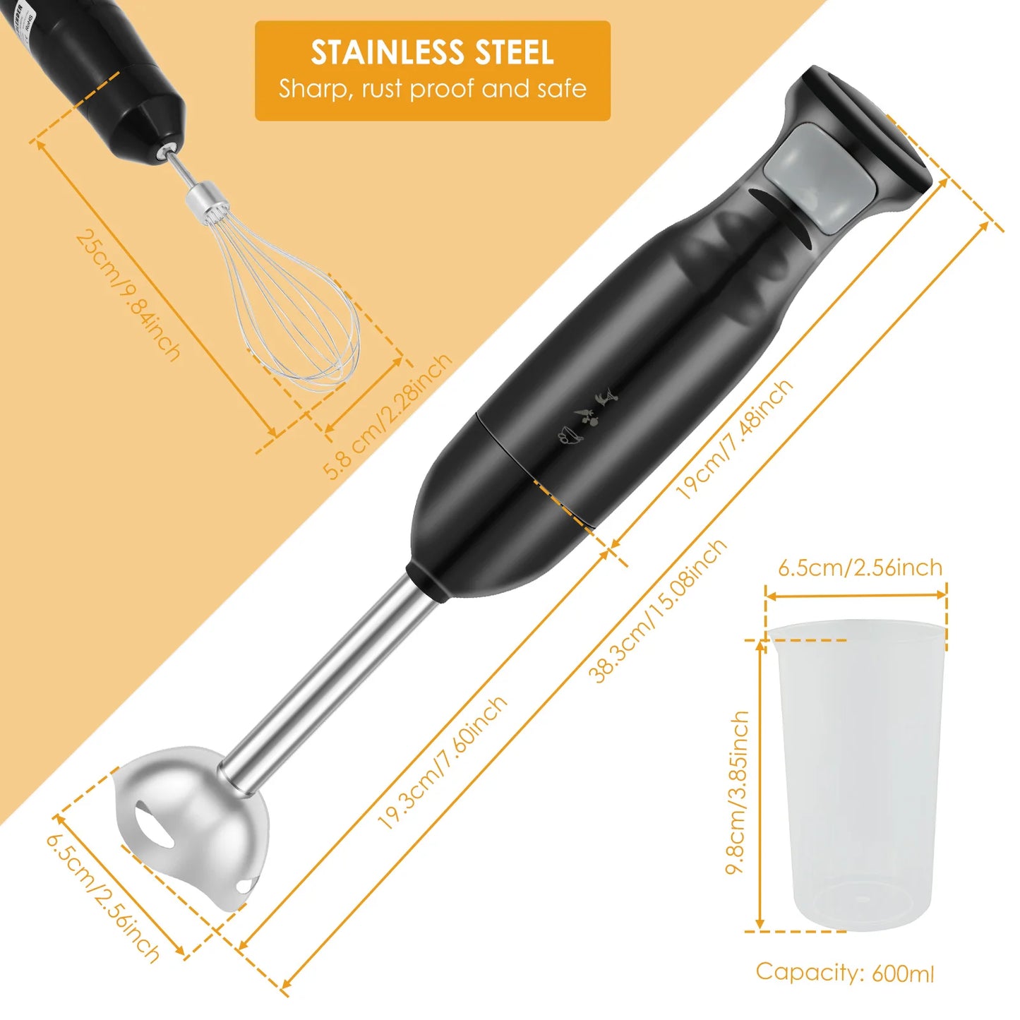 Batidora de Mano 300W – Licuadora Eléctrica de Inmersión con Cuchilla de Acero Inoxidable | Mezcladora de Alimentos Multifuncional para Cocina | Batidora Manual